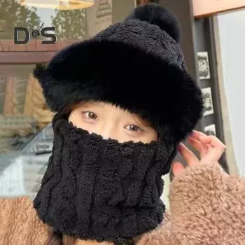 Зимняя велосипедная шапка с защитой для лица, регулируемая, ветрозащитная, толстая, двухслойная, плюшевая, полная защита, утепленная шапка с помпоном для улицы, для утепления шеи в холодную погоду чёрный