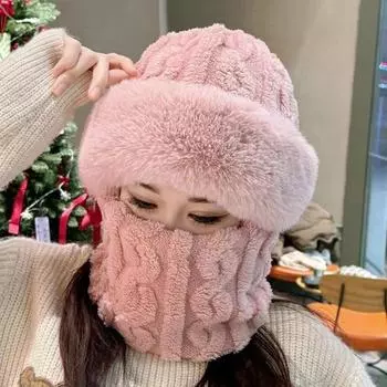 Зимняя велосипедная шапка с защитой для лица, регулируемая, ветрозащитная, толстая, двухслойная, плюшевая, полная защита, утепленная шапка с помпоном, утеплитель для шеи, головной убор чёрный