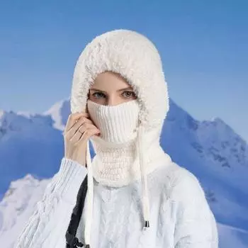 Зимняя велосипедная шапка со встроенным защитным экраном для лица и утеплителем для шеи, ветрозащитная, со шнурком кремовый