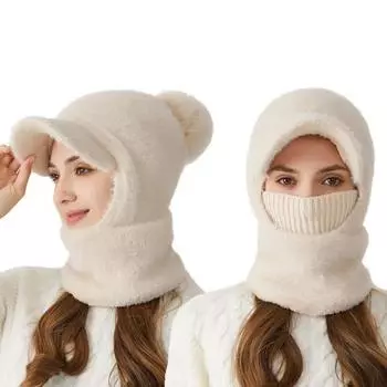 Зимняя велосипедная шапка со встроенным защитным экраном для лица и утеплителем для шеи с короткими полями, ветрозащитный толстый плюшевый шарф с полной защитой для улицы, головной убор для холодной погоды