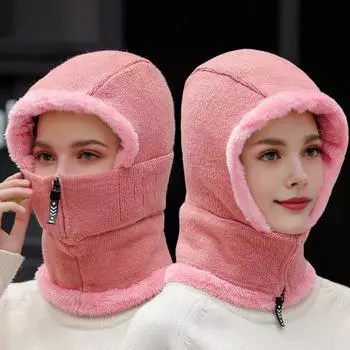 Зимняя велосипедная шапка со встроенным защитным экраном для лица и утеплителем для шеи, застежка-молния, ветрозащитный толстый плюшевый шарф с полной защитой, головной убор для холодной погоды