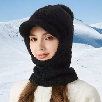 Зимняя велосипедная шапка со встроенным защитным экраном для лица и утеплителем для шеи с короткими полями, ветрозащитный толстый плюшевый шарф с полной защитой для улицы, головной убор для холодной погоды