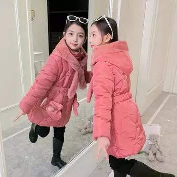 Зимняя верхняя одежда для детей среднего и большого размера, куртка для девочек с меховым воротником, сохраняющая тепло, пальто принцессы с капюшоном на молнии, верхняя одежда для девочек, детская одежда 160cm чёрный