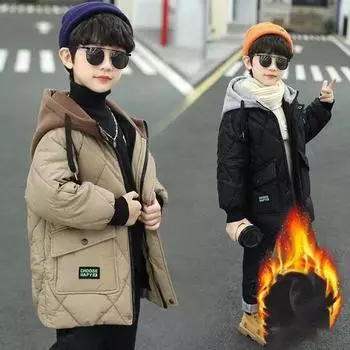 Зимняя верхняя одежда для мальчиков Утепленные теплые пальто Детские вельветовые куртки с капюшоном Трендовые пальто Подростки Повседневные ветрозащитные парки 160 чёрный