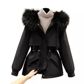 Зимняя ветровка с застежкой-молнией на кнопках, ветрозащитная, удобная, с флисовой подкладкой, с капюшоном, куртка средней длины, пальто для офиса M чёрный