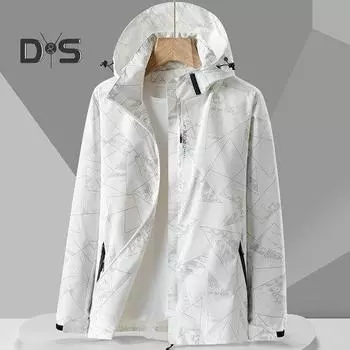 Зимняя ветровка унисекс. Гладкая ветрозащитная куртка с капюшоном и длинным рукавом на молнии. Карман на молнии с геометрическим принтом. Свободное пальто на осень и весну. 2XL чёрный