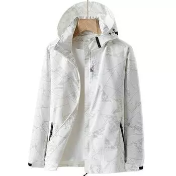 Зимняя ветровка унисекс. Гладкая ветрозащитная куртка с капюшоном и длинным рукавом на молнии. Карман на молнии с геометрическим принтом. Свободное пальто на осень и весну. M белый