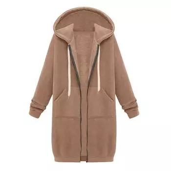 Зимняя ветрозащитная женская повседневная куртка на молнии с капюшоном, длинная туника, толстовка с карманами, на шнурке, верхняя одежда M хаки