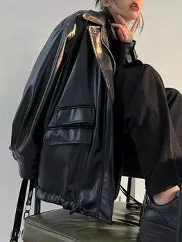 Зимняя винтажная черная панк-кожаная куртка женская уличная байкерская куртка на молнии в стиле ретро, новая эстетическая повседневная верхняя одежда для улицы S чёрный