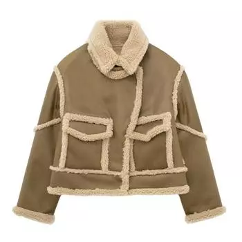 Зимняя винтажная куртка из овечьей шерсти в стиле пэчворк с двухсторонним флисом в стиле Харадзюку, теплая повседневная верхняя одежда из замши в стиле мотоцикла S хаки