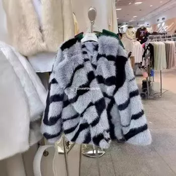 Зимняя винтажная шуба из меха toca с большим отворотом, шуба с принтом зебры, женственный кардиган средней длины из меха S серый
