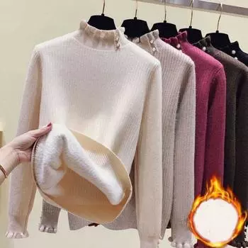 Зимняя водолазка для женщин, вязаный свитер, новый модный утолщенный длинный рукав, рюшированный пуловер, свитера, повседневные элегантные однотонные топы 2562 One size чёрный