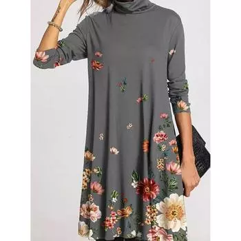 Зимняя водолазка, теплая винтажная женская одежда с принтом, элегантные лоскутные платья с длинными рукавами, женские повседневные свободные платья S