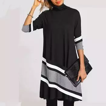 Зимняя водолазка, теплая винтажная женская одежда с принтом, элегантные лоскутные платья с длинными рукавами, женские повседневные свободные платья S