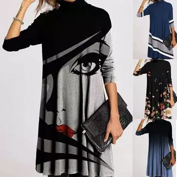 Зимняя водолазка, теплая винтажная женская одежда с принтом, элегантные лоскутные платья с длинными рукавами, женские повседневные свободные платья S