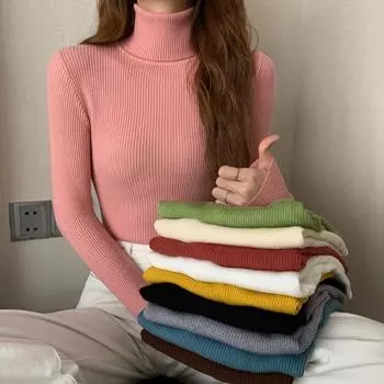 Зимняя водолазка, женский свитер, вязаный пуловер, мягкий тонкий топ с длинными рукавами, однотонный базовый джемпер с высоким воротом, женская одежда One Size белый