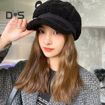 Зимняя восьмиугольная кепка из толстого плюша с короткими полями, контрастного цвета, сохраняющая тепло, кепка в литературном стиле ретро, головной убор для работы, путешествий, повседневной носки чёрный