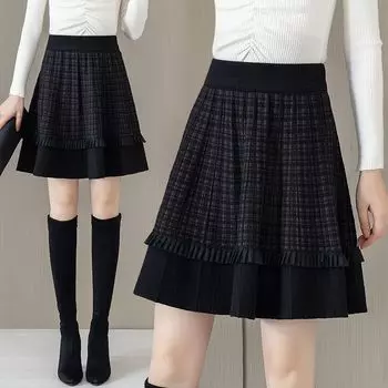 Зимняя вязаная короткая юбка с высокой талией, юбка-полуюбка, плиссированная юбка, пряжа S чёрный