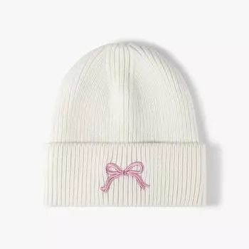 Зимняя вязаная шапка-бини для женщин с вышитым бантом, модная теплая лыжная шапка в корейском стиле, кепка-снуд, хип-хоп, повседневная кепка-пуловер Y2K белый