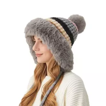 Зимняя вязаная шапка цвета ананаса с плюшевой кромкой из трех шерстяных шариков чёрный