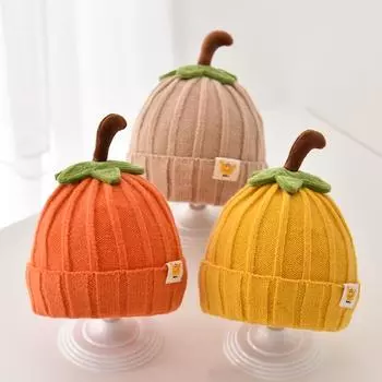 Зимняя вязаная шапка для малышей с милой тыквой, шапочки для мальчиков и девочек, толстая шерстяная теплая вязаная шапочка для детей, пуловер синий