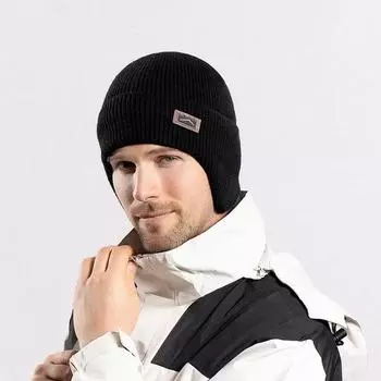 Зимняя вязаная шапка для велоспорта для мужчин с флисовой подкладкой, защитный чехол для ушей, шерстяные шапки-бини, утепленная плюшевая шапка для катания на лыжах, холодная шапка-ушанка one size чёрный