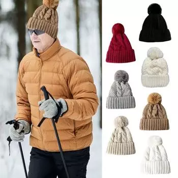 Зимняя вязаная шапка из толстого плюша, сохраняющая тепло, шапка с помпоном, эластичная, однотонная, без полей, ветрозащитная, для холодной погоды, уличный головной убор светло-бежевый