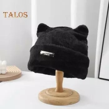 Зимняя вязаная шапка, однотонная, супермягкая, ультра-толстая, эластичная, с милым дизайном ушей, ветрозащитная, из полиэстера, зимняя уличная морозостойкая шапка, женская шапка чёрный