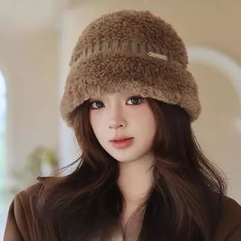 Зимняя вязаная шапка-рыбак из шерстяной пряжи для женщин, модная и теплая панама M56-58cm чёрный