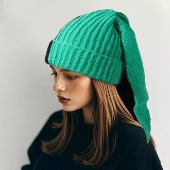 Зимняя вязаная шапка с длинными заячьими ушками, контрастного цвета, унисекс, плотная, теплая, высокоэластичная, ветрозащитная черный белый