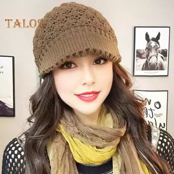 Зимняя вязаная шапка с козырьком, теплая шапка-чепец для холодной погоды, женская объемная снежная шапка для активного отдыха и повседневной носки