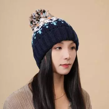Зимняя вязаная шапка с помпоном контрастного цвета, эластичный куполообразный чепчик с геометрическим узором, рождественский головной убор для холодной погоды, реквизит для фотосъемки темно-синий