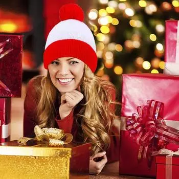 Зимняя вязаная шапка с помпоном контрастного цвета, эластичная шапочка с отворотами, двухслойный головной убор для холодной погоды, рождественский головной убор для фотосъемки