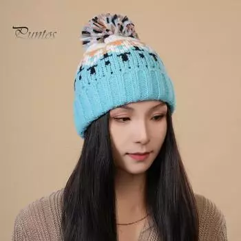 Зимняя вязаная шапка с помпоном контрастного цвета, эластичный куполообразный чепчик с геометрическим узором, рождественский головной убор для холодной погоды, реквизит для фотосъемки бежевый