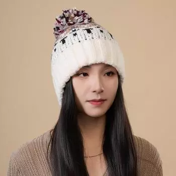 Зимняя вязаная шапка с помпоном контрастного цвета, эластичный куполообразный чепчик с геометрическим узором, рождественский головной убор для холодной погоды, реквизит для фотосъемки бежевый