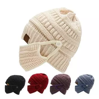 Зимняя вязаная шапка со съемным защитным щитком для лица, утолщенный капор без полей, защита ушей, унисекс, однотонный головной убор для путешествий на открытом воздухе красный