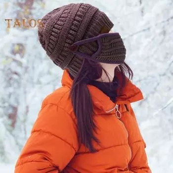 Зимняя вязаная шапка со съемным защитным щитком для лица, утолщенный капор без полей, защита ушей, унисекс, однотонный головной убор для путешествий на открытом воздухе красный