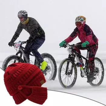 Зимняя вязаная шапка со съемным защитным щитком для лица, утолщенный капор без полей, защита ушей, унисекс, однотонный головной убор для путешествий на открытом воздухе красный