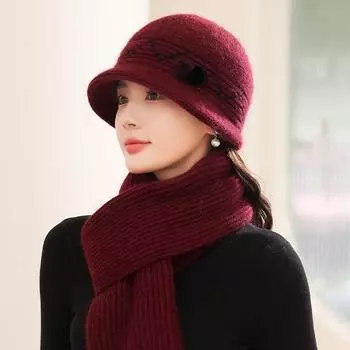 Зимняя вязаная шапка, толстый теплый длинный шарф, комплект из 2 предметов для женщин, модная панама из меха кролика с меховой подкладкой Hat*1