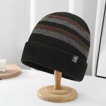 Зимняя вязаная шапка в полоску, толстая, эластичная, теплая, мягкая, ветрозащитная, мягкая, противоскользящая, морозостойкая, мужская, уличная, лыжная шапка, шапка-бини чёрный