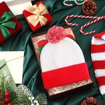 Зимняя вязаная шапка Yousheng, контрастная цветная шапка с помпоном, эластичная шапочка с отворотами, двухслойный рождественский головной убор для холодной погоды, фото-реквизит