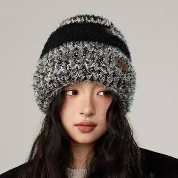 Зимняя вязаная шапка женская большая окружность головы защита ушей ветрозащитная теплая шерстяная шапка двухслойная бархатная толстая шапка чёрный