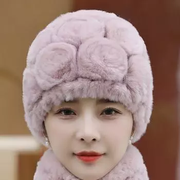 Зимняя вязаная шапка женская теплая утолщенная с подкладкой с цветочным узором однотонная для защиты ушей среднего и пожилого возраста повседневная шапка без карниза One Size серый