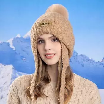 Зимняя вязаная шерстяная шапка, бархатная теплая защитная шапка для ушей, женская толстая утепленная шапка-бомбер с большой головой бежевый