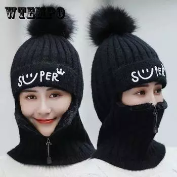 Зимняя вязаная шерстяная шапка, нагрудник, цельная, плюс утепленные наушники из бархата, ветрозащитная шапка для езды на велосипеде на открытом воздухе, аксессуары вино красного