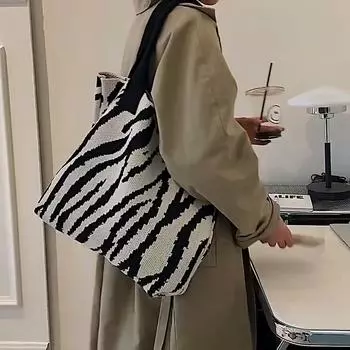 Зимняя вязаная сумка на плечо из мягкой ткани с узором зебры, женская удобная большая сумка-шоппер большой вместимости 42x4x36cm фиолетовый