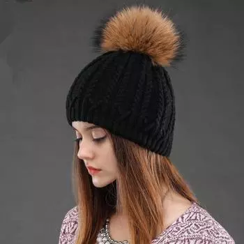 Зимняя вязаная теплая шерстяная шапка, женская енотовидная собака, защитная шапка для ушей, однотонная универсальная двухслойная шапка-пуловер One Size