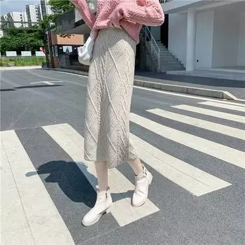 Зимняя вязаная юбка с жареным тестом Lingge и свитерами, новая утолщенная женская юбка средней длины с высокой талией и запахом на бедрах One Size хаки