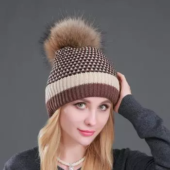Зимняя вязаная универсальная зимняя меховая шапка теплая бархатная женская шерстяная шапка из натурального меха енота