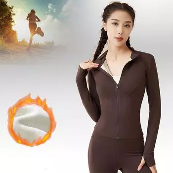 Зимняя высокая эластичная куртка для йоги персикового цвета, однотонная одежда, длинный рукав, флисовая плотная куртка для йоги, женская куртка на молнии для фитнеса и йоги S